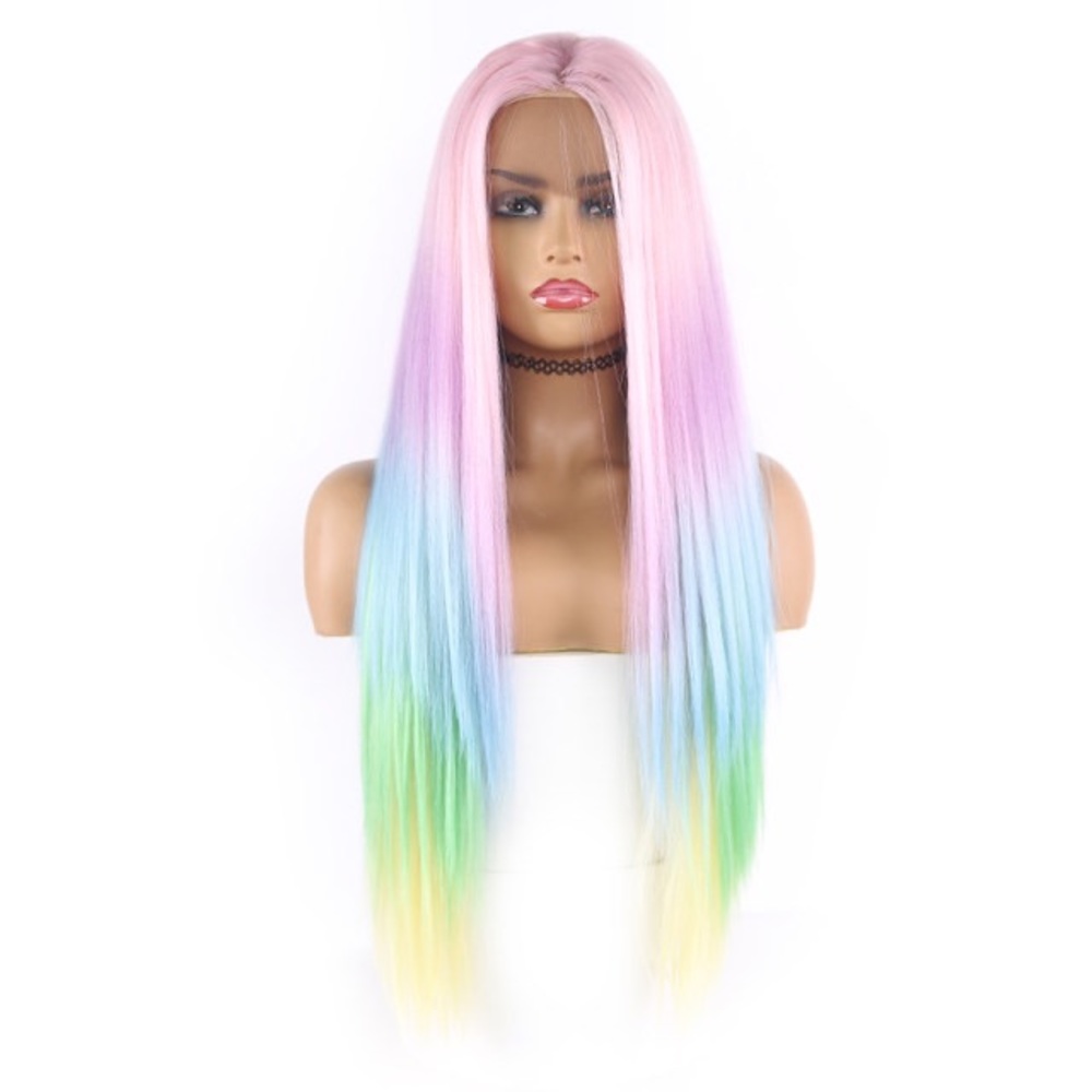 NEW 28” GORGEOUS RAINBOW UNICORN 🦄 OMBRÉ STRAIGHT LACE FRONT WIG